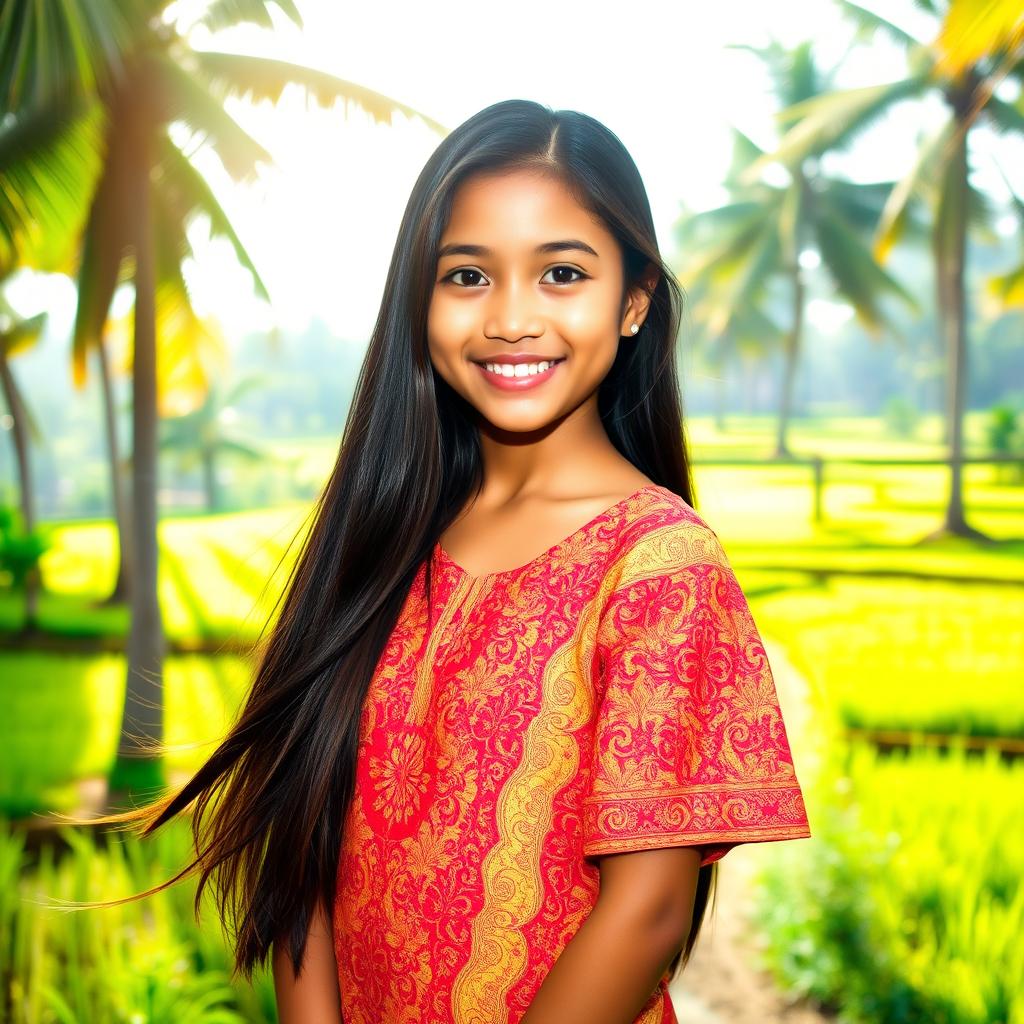 A beautiful Indonesian girl with long, flowing black hair, warm brown skin, and a bright, friendly smile