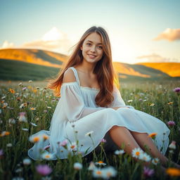 A serene portrait of a young woman sitting in a meadow, surrounded by blooming wildflowers