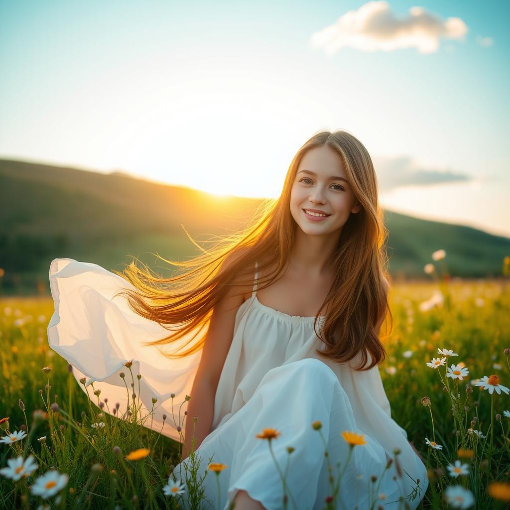 A serene portrait of a young woman sitting in a meadow, surrounded by blooming wildflowers