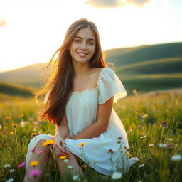 A serene portrait of a young woman sitting in a meadow, surrounded by blooming wildflowers