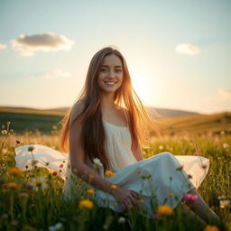 A serene portrait of a young woman sitting in a meadow, surrounded by blooming wildflowers