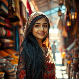 A beautiful Arab girl with long, flowing black hair and captivating dark eyes, wearing a traditional colorful hijab decorated with intricate floral patterns