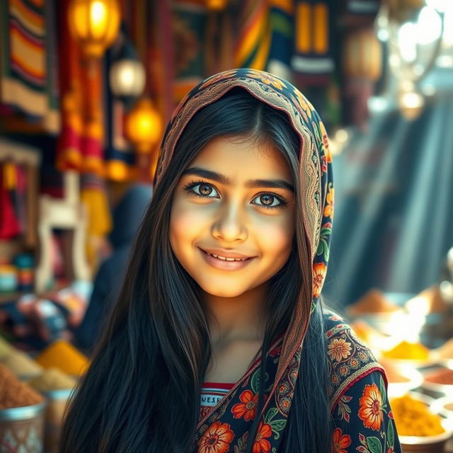 A beautiful Arab girl with long, flowing black hair and captivating dark eyes, wearing a traditional colorful hijab decorated with intricate floral patterns