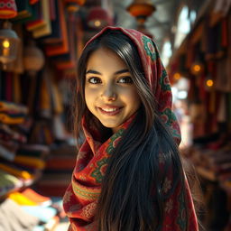 A beautiful Arab girl with long, flowing black hair and captivating dark eyes, wearing a traditional colorful hijab decorated with intricate floral patterns