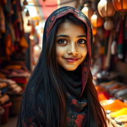 A beautiful Arab girl with long, flowing black hair and captivating dark eyes, wearing a traditional colorful hijab decorated with intricate floral patterns