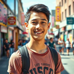 A handsome Filipino-Canadian teenager, age 15, with a warm smile and bright eyes