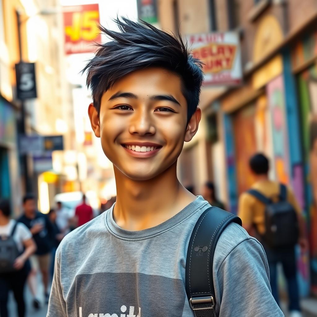 A handsome Filipino-Canadian teenager, age 15, with a warm smile and bright eyes