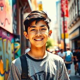 A handsome Filipino-Canadian teenager, age 15, with a warm smile and bright eyes