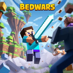 A dynamic scene showcasing a Minecraft Steve character in the midst of an intense Bedwars match