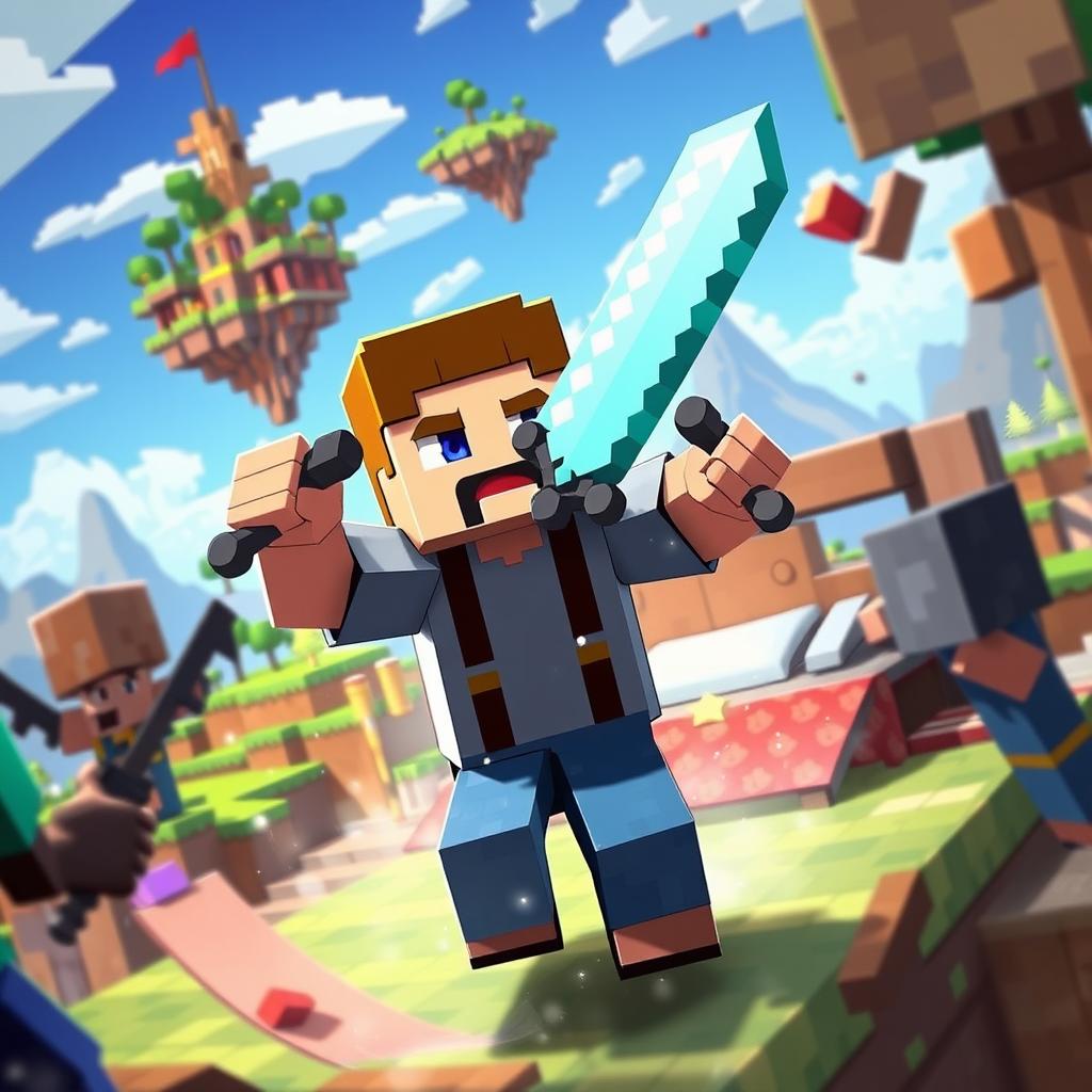 A dynamic scene showcasing a Minecraft Steve character in the midst of an intense Bedwars match