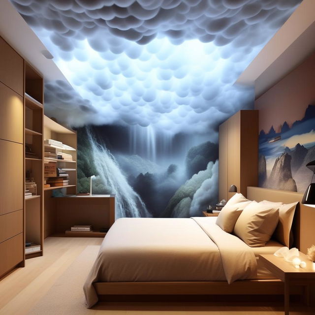 Visualize a spacious room, boasting a ceiling painted like clouds. There's a bed centered and affixed to a wall, near a substantial mirror and a large compartmentalized wardrobe. A soft mat covers the floor, and a waterfall is etched into the wall across from the bed. One wall is empty, bathed in a blend of light and dark colors, with prominent features being a sizable study table and wall-mounted shelves.