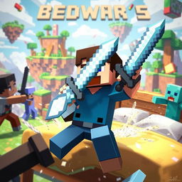 A dynamic scene showcasing a Minecraft Steve character in the midst of an intense Bedwars match