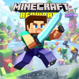 A dynamic scene showcasing a Minecraft Steve character in the midst of an intense Bedwars match