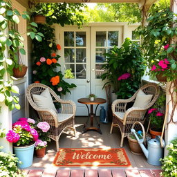 A cozy and inviting small garden front porch, adorned with various vibrant flowers in pots and a decorative welcome mat at the entrance