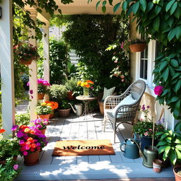A cozy and inviting small garden front porch, adorned with various vibrant flowers in pots and a decorative welcome mat at the entrance
