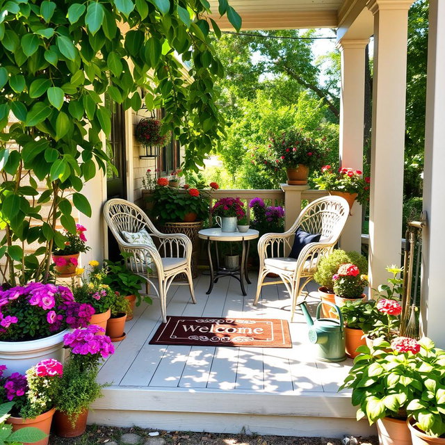 A cozy and inviting small garden front porch, adorned with various vibrant flowers in pots and a decorative welcome mat at the entrance