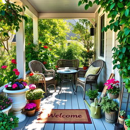 A cozy and inviting small garden front porch, adorned with various vibrant flowers in pots and a decorative welcome mat at the entrance