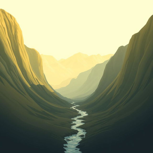 A realistic landscape scene featuring tall mountains on both sides, with a small stream flowing gently in the center
