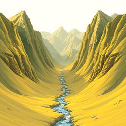 A realistic landscape scene featuring tall mountains on both sides, with a small stream flowing gently in the center