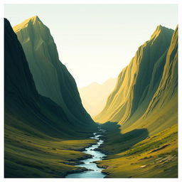 A realistic landscape scene featuring tall mountains on both sides, with a small stream flowing gently in the center