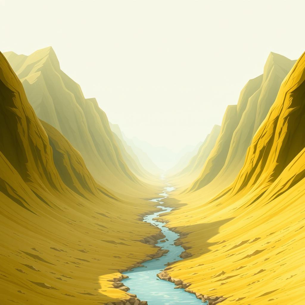 A realistic landscape scene featuring tall mountains on both sides, with a small stream flowing gently in the center