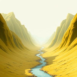 A realistic landscape scene featuring tall mountains on both sides, with a small stream flowing gently in the center