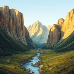 A realistic landscape scene showcasing tall mountains on both sides, with a small stream gently flowing in the center