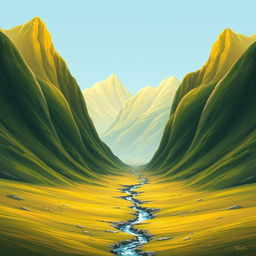 A realistic landscape scene showcasing tall mountains on both sides, with a small stream gently flowing in the center
