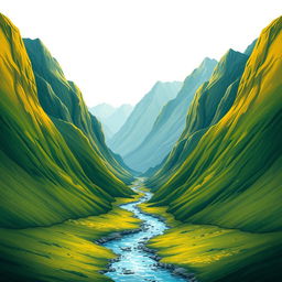 A realistic landscape scene showcasing tall mountains on both sides, with a small stream gently flowing in the center