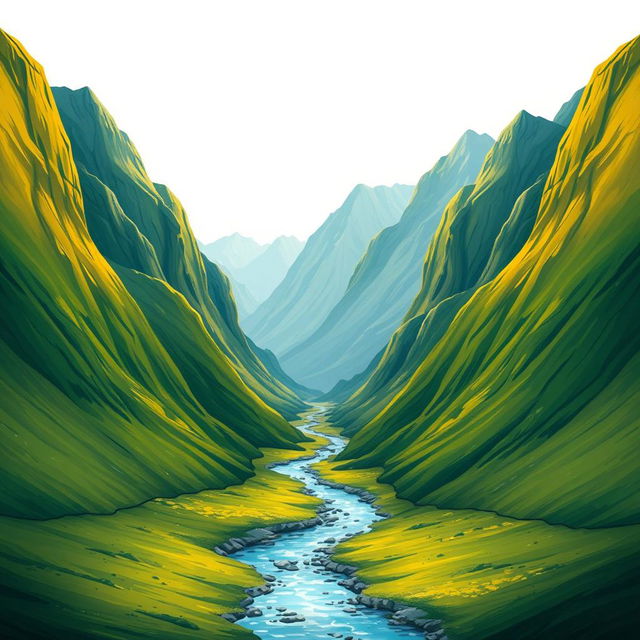 A realistic landscape scene showcasing tall mountains on both sides, with a small stream gently flowing in the center