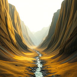 A realistic landscape scene showcasing tall mountains on both sides, with a small stream gently flowing in the center