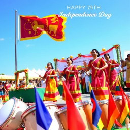 A vibrant celebration for the 77th Independence Day of Sri Lanka, featuring colorful cultural performances with dancers in traditional attire, showcasing Sri Lankan folk dance
