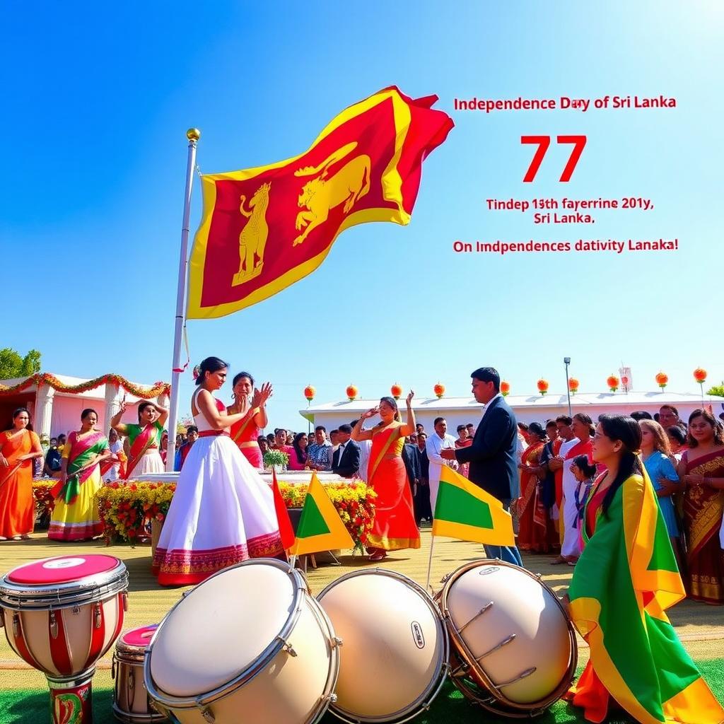 A vibrant celebration for the 77th Independence Day of Sri Lanka, featuring colorful cultural performances with dancers in traditional attire, showcasing Sri Lankan folk dance