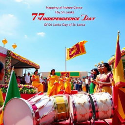 A vibrant celebration for the 77th Independence Day of Sri Lanka, featuring colorful cultural performances with dancers in traditional attire, showcasing Sri Lankan folk dance