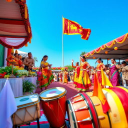 A vibrant celebration for the 77th Independence Day of Sri Lanka, featuring colorful cultural performances with dancers in traditional attire, showcasing Sri Lankan folk dance