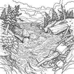 An intricate line art illustration of a flash flood scene, featuring raging torrents of water and debris flowing through a landscape