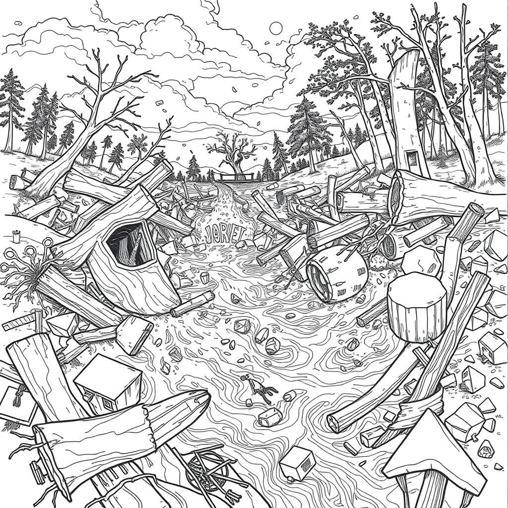 An intricate line art illustration of a flash flood scene, featuring raging torrents of water and debris flowing through a landscape