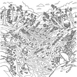 An intricate line art illustration of a flash flood scene, featuring raging torrents of water and debris flowing through a landscape