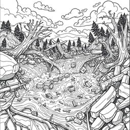 An intricate line art illustration of a flash flood scene, featuring raging torrents of water and debris flowing through a landscape