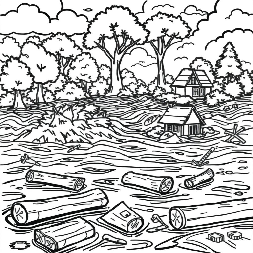 A black and white illustration of a flood scene, featuring a tumultuous river overflowing its banks, surrounded by trees and a small house partially submerged in water