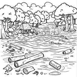 A black and white illustration of a flood scene, featuring a tumultuous river overflowing its banks, surrounded by trees and a small house partially submerged in water