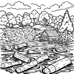 A black and white illustration of a flood scene, featuring a tumultuous river overflowing its banks, surrounded by trees and a small house partially submerged in water