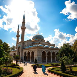 A beautiful Islamic architectural scene, featuring a grand mosque with intricate geometric patterns and ornate domes, surrounded by lush gardens