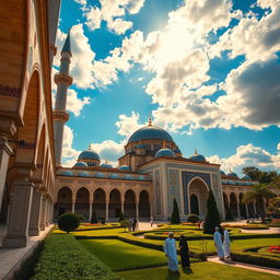 A beautiful Islamic architectural scene, featuring a grand mosque with intricate geometric patterns and ornate domes, surrounded by lush gardens