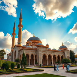 A beautiful Islamic architectural scene, featuring a grand mosque with intricate geometric patterns and ornate domes, surrounded by lush gardens