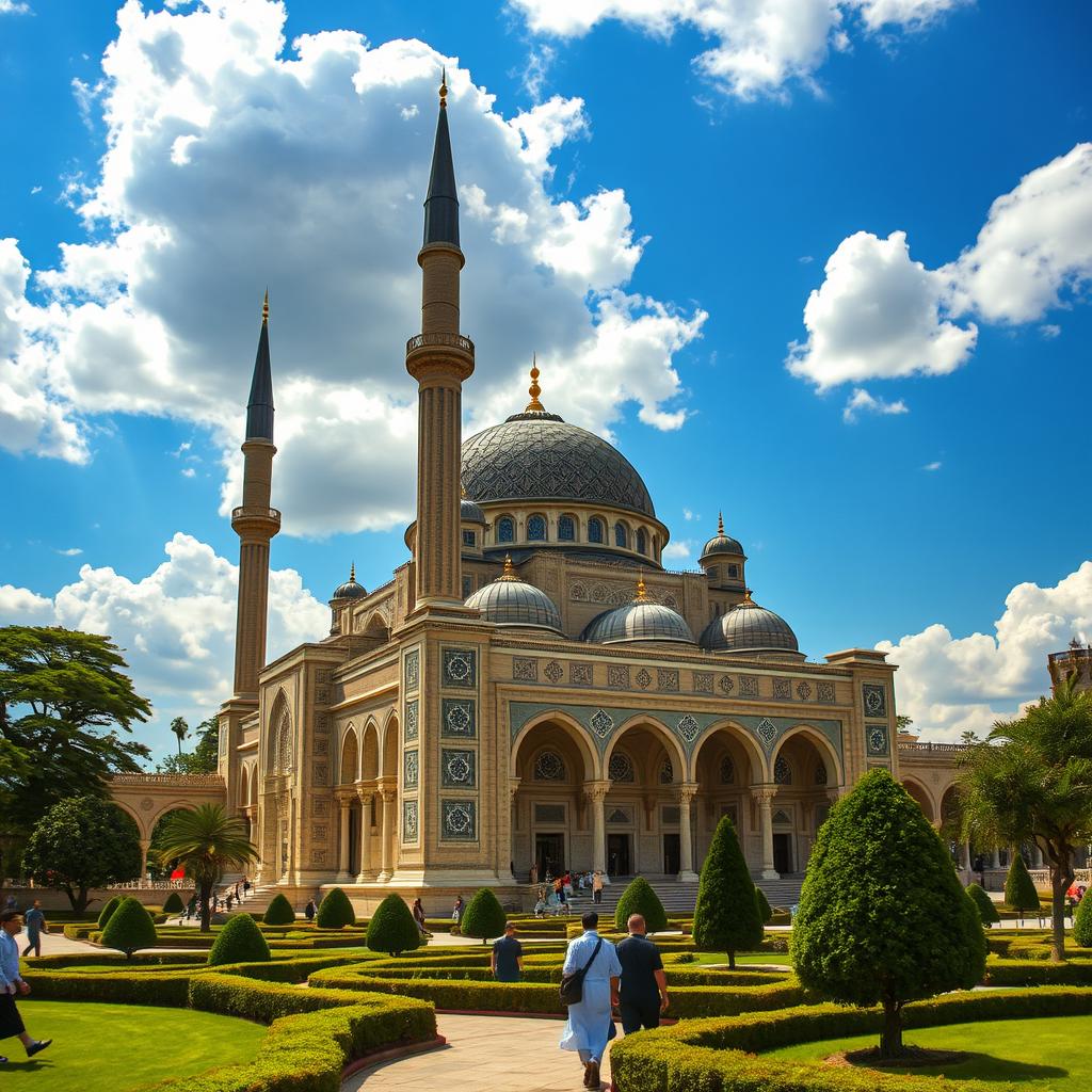 A beautiful Islamic architectural scene, featuring a grand mosque with intricate geometric patterns and ornate domes, surrounded by lush gardens