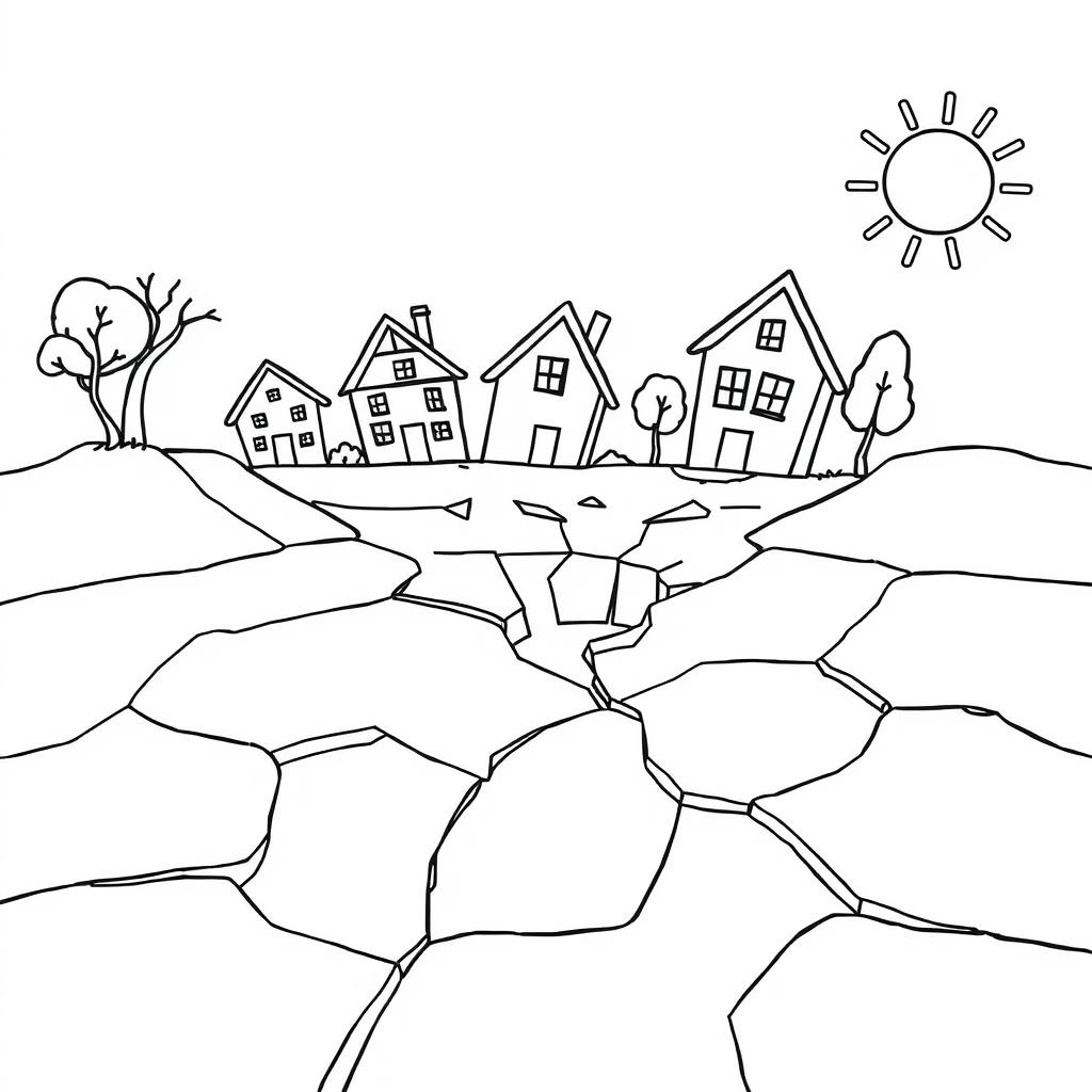 An outline illustration of an earthquake scene suitable for coloring for kindergarten and elementary school children