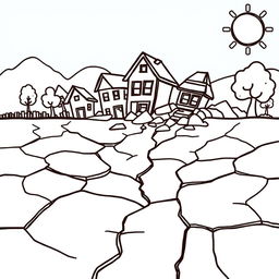 An outline illustration of an earthquake scene suitable for coloring for kindergarten and elementary school children