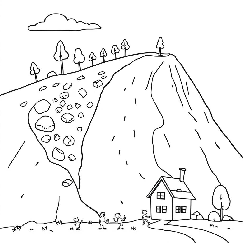 An outline illustration of a landslide scene suitable for coloring for kindergarten and elementary school children