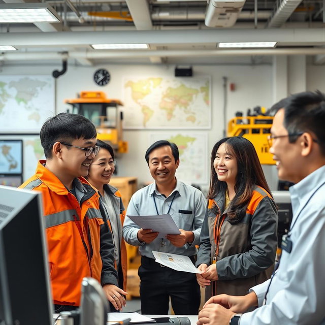 a professional mining office setting with diverse colleagues engaged in a discussion